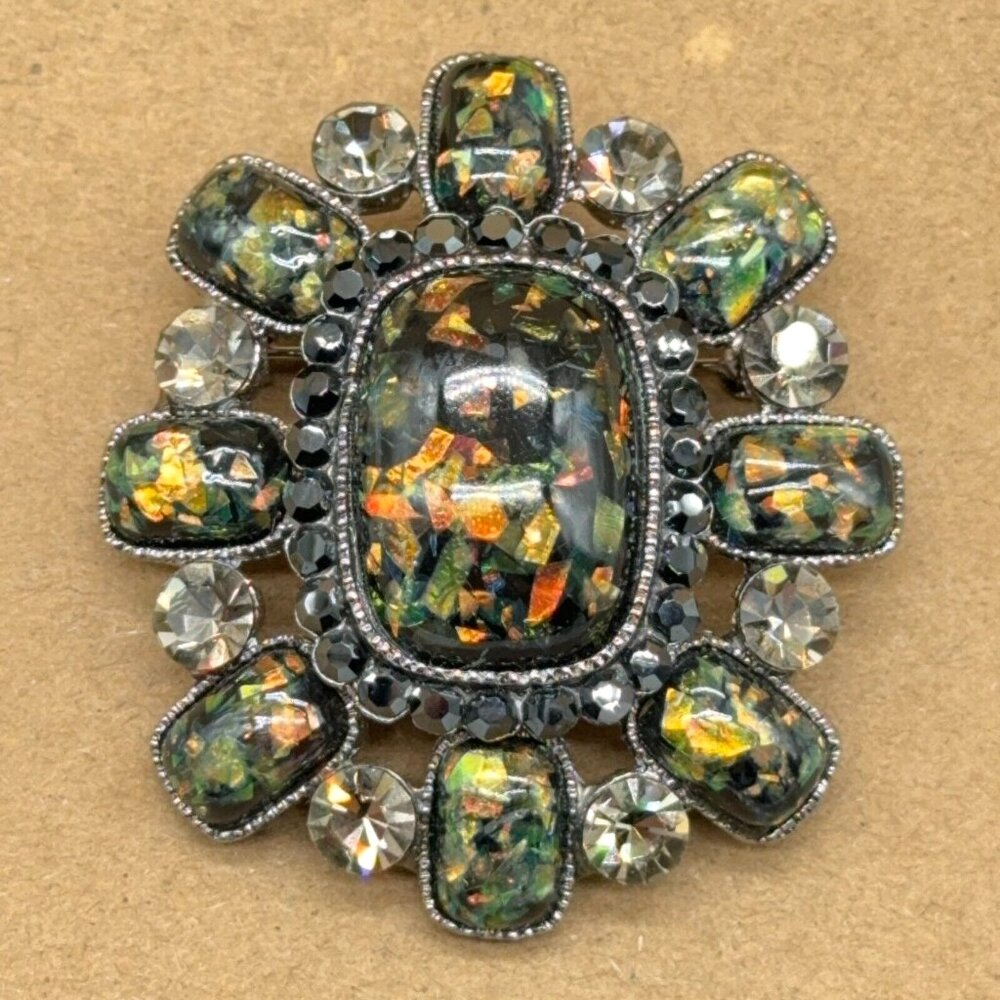 SNK Confetti Brooch Silver Tone Metallic Iridescent Green Gold Smoky Faceted 2"